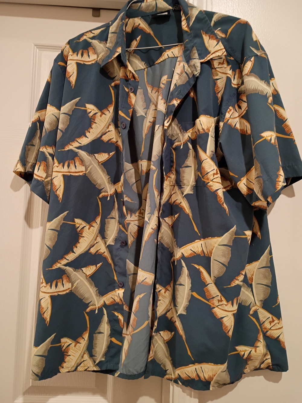 Premier Navy Button-Down Shirt with Cream & Tan Leaf Print